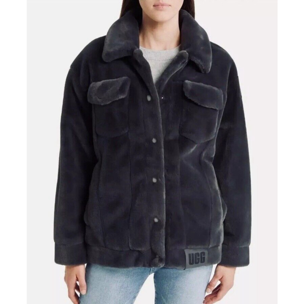 UGG Women's Frankie Trucker Faux Fur Jacket Ink Grey Sz M Warm Soft Cozy
